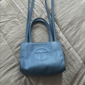 Telfar Blue Mini Bag with Embossed Logo and Dual Handles